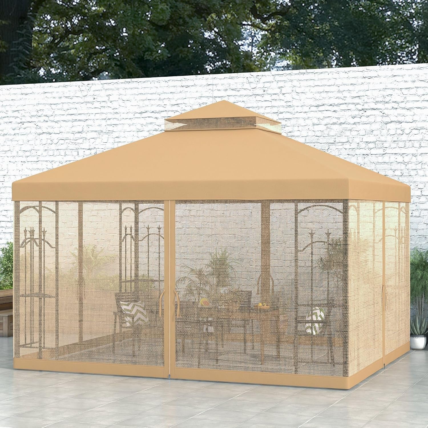 10x12 Brown Patio Gazebo Weather Resistant With Corner Shelves
