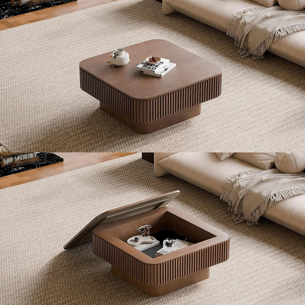 Walnut Square Coffee Table Featuring Concealed Storage