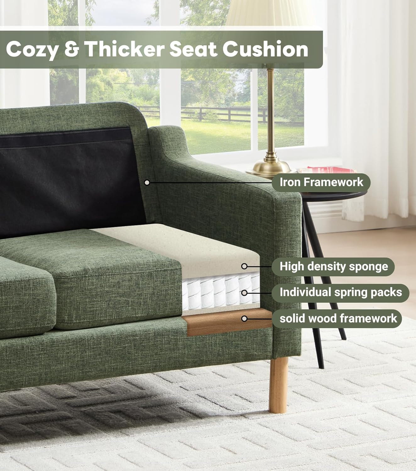 Dark green Linen Upholstered Mid Century Modern Sofa