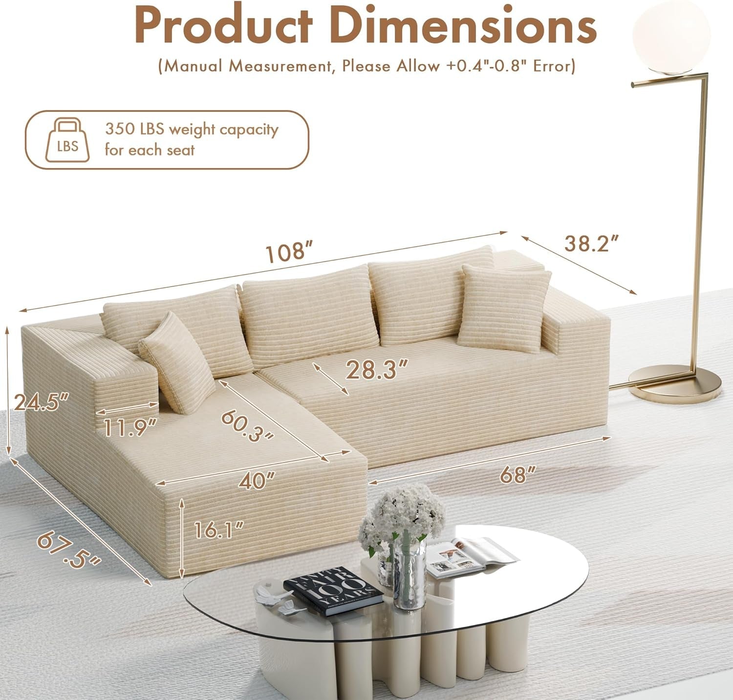 Beige 108 Inches Left Facing Chaise Lounge Sectional Sofa