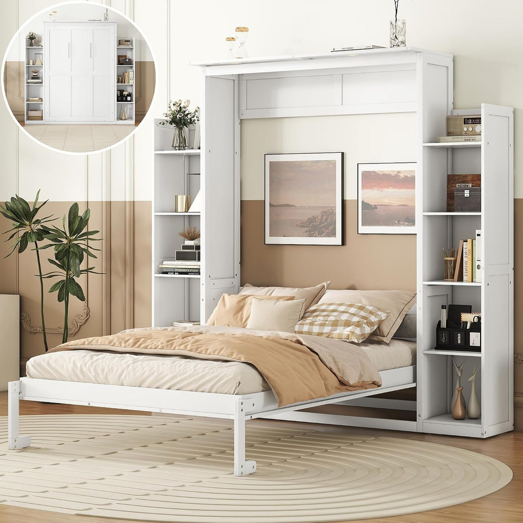 Full Murphy Bed White With BuiltIn Storage Shelves LED