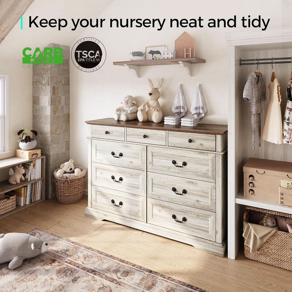Beige Finish Solid Wood Dresser With Nine Storage Drawers
