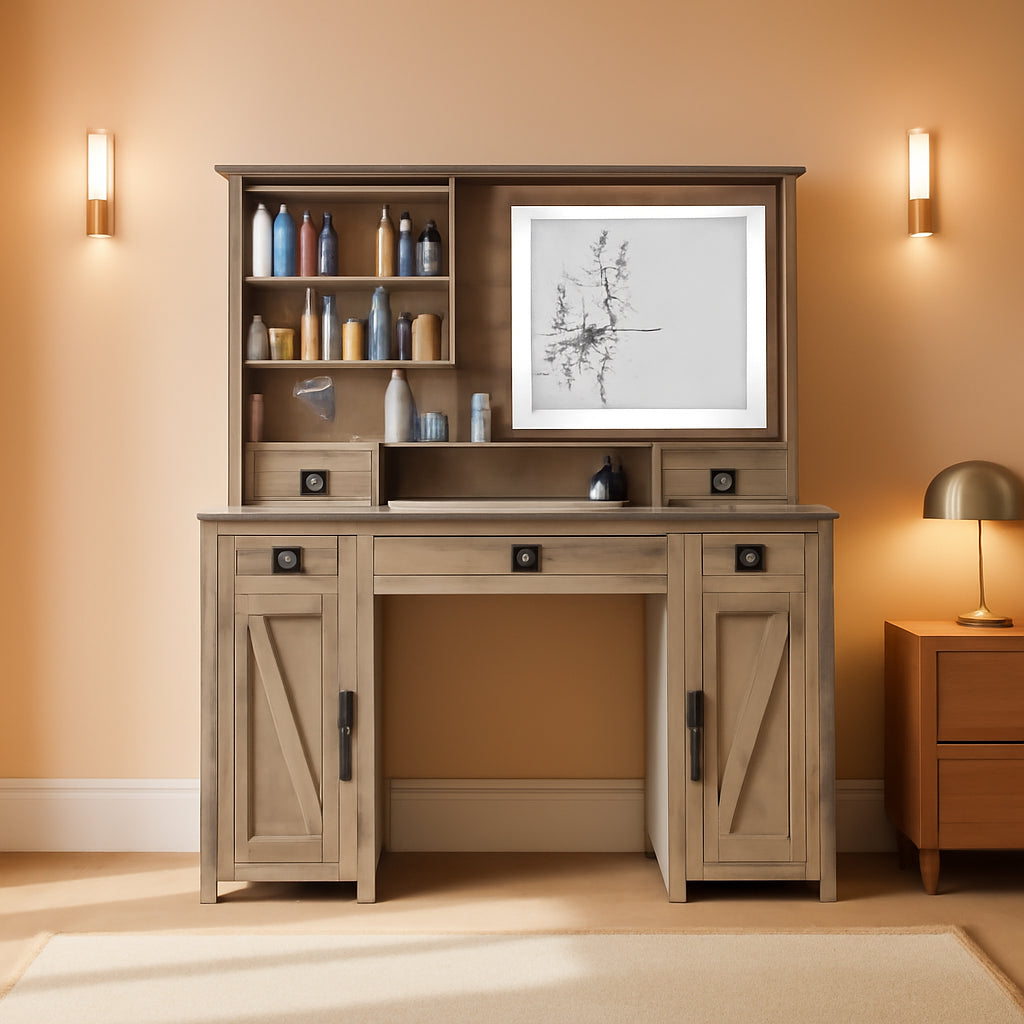 Rustic Oak Forty Seven Point TwoInch Makeup Vanity Desk Integrated Lighting