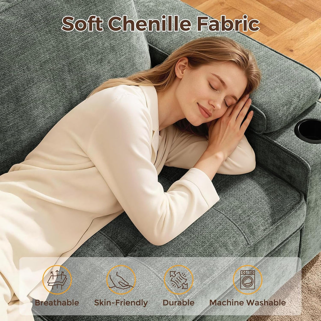 Green Chenille Loveseat With USB Ports Cupholder Storage
