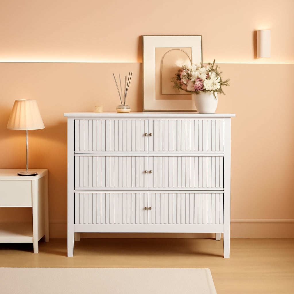 White Fluted 32 Inch Wide Three Drawer Dresser Cabinet