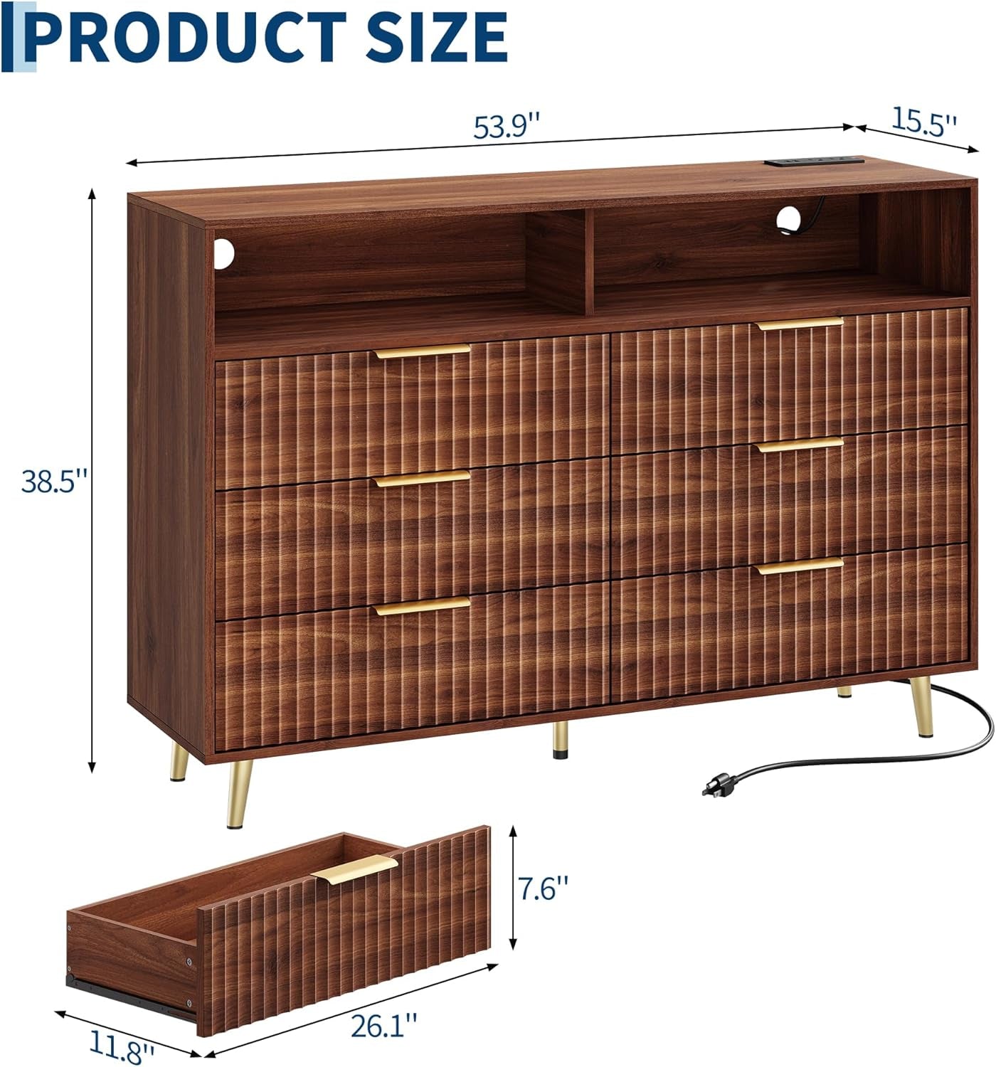 Walnut Fifty Three Inch Extra Wide Six Drawer Dresser LED
