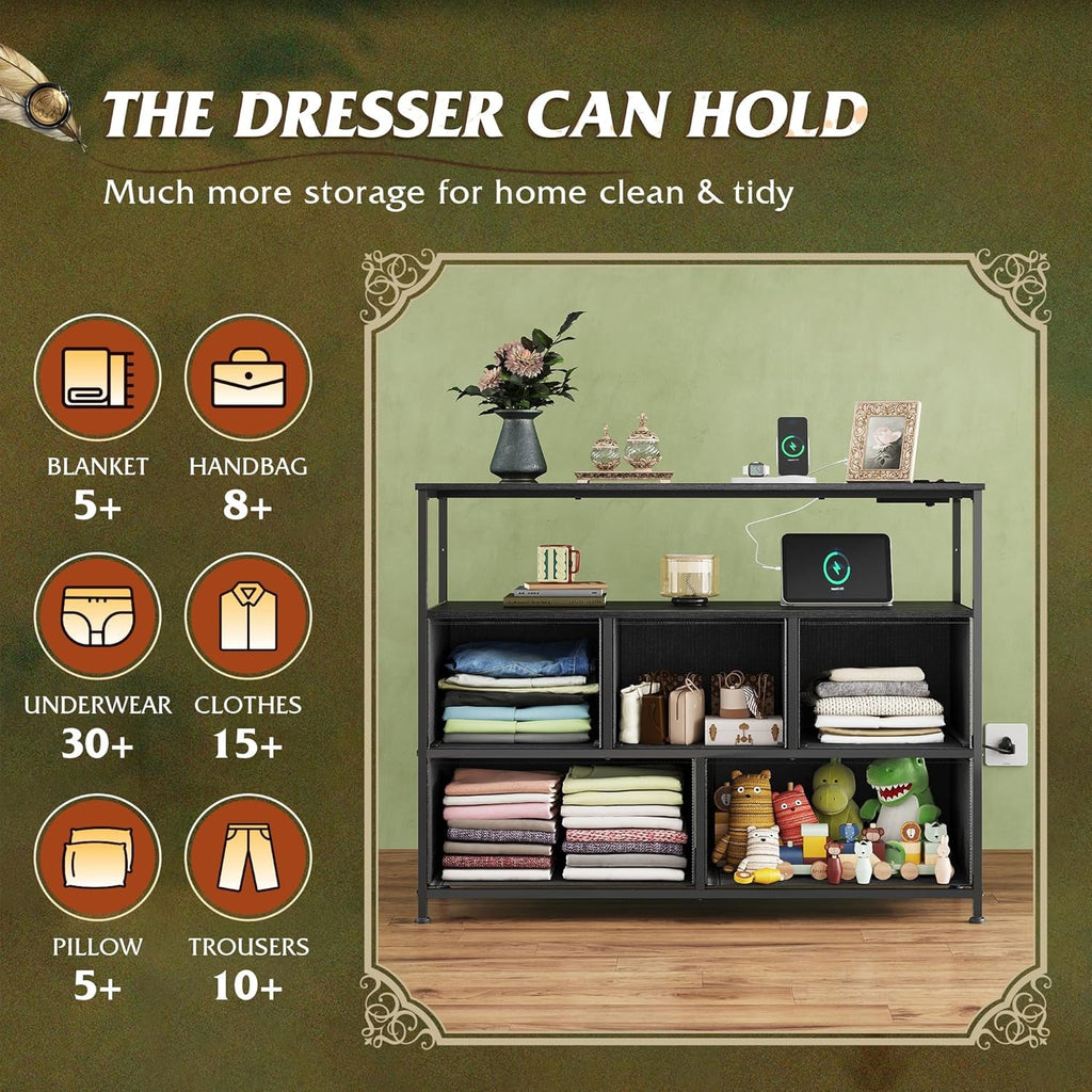 Black Five Drawers Dresser With Integrated Charging