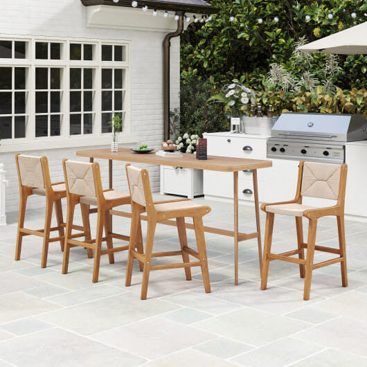Set of 2 Outdoor Counter Height Bar Stool Woven Paper Rope Patio Barstool with Teak Wood Frame
