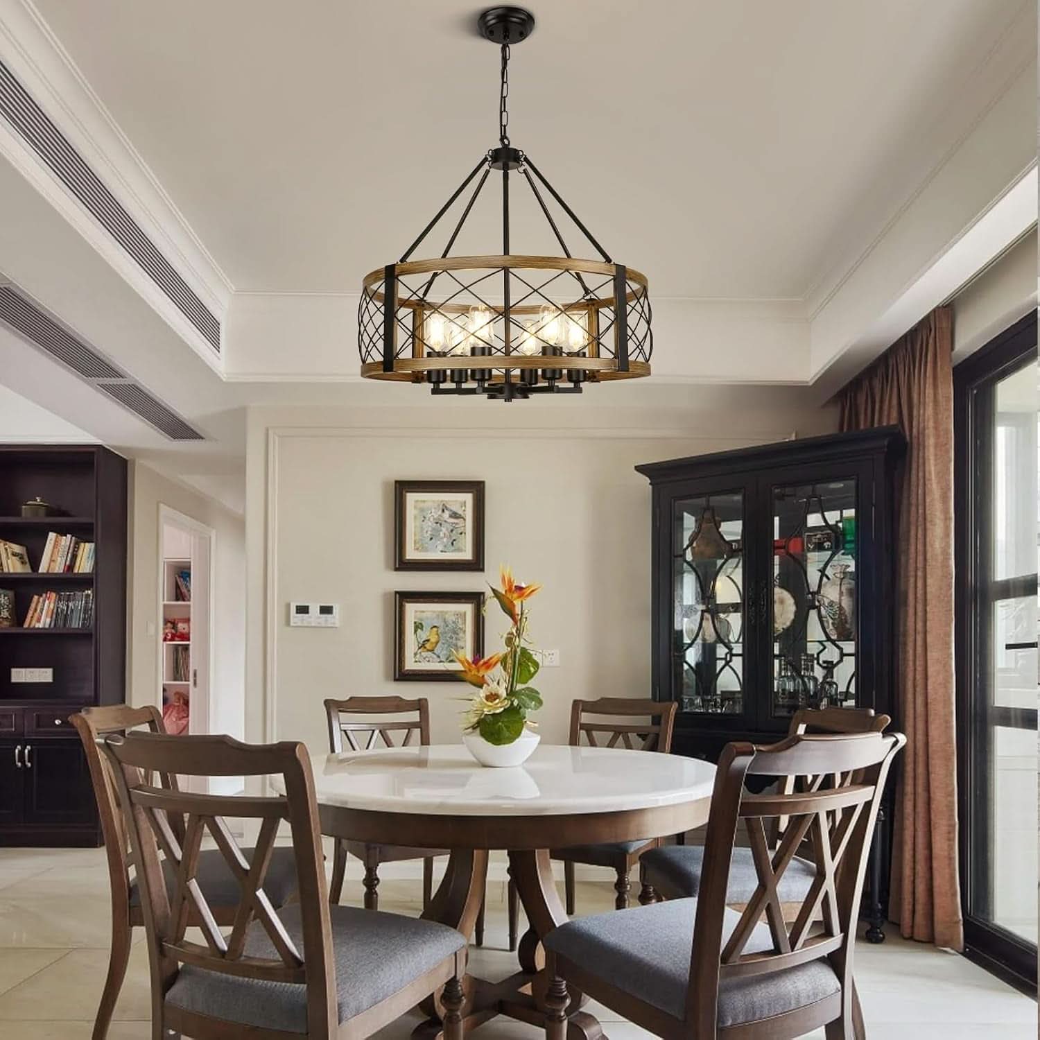Six Light Walnut Wood Grain Finish Farmhouse Chandelier