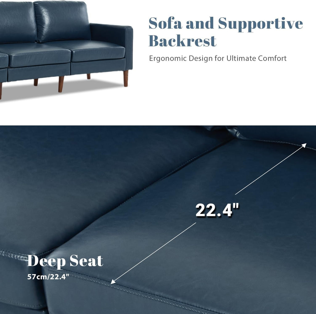 Mid Century Modern Faux Leather Sofa 91Inch Navy Blue