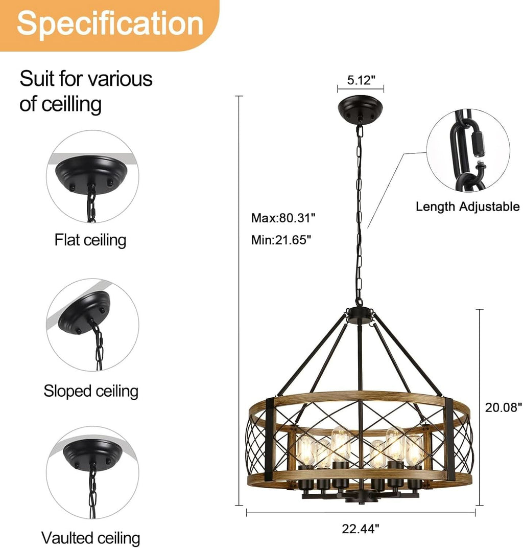 Six Light Walnut Wood Grain Finish Farmhouse Chandelier
