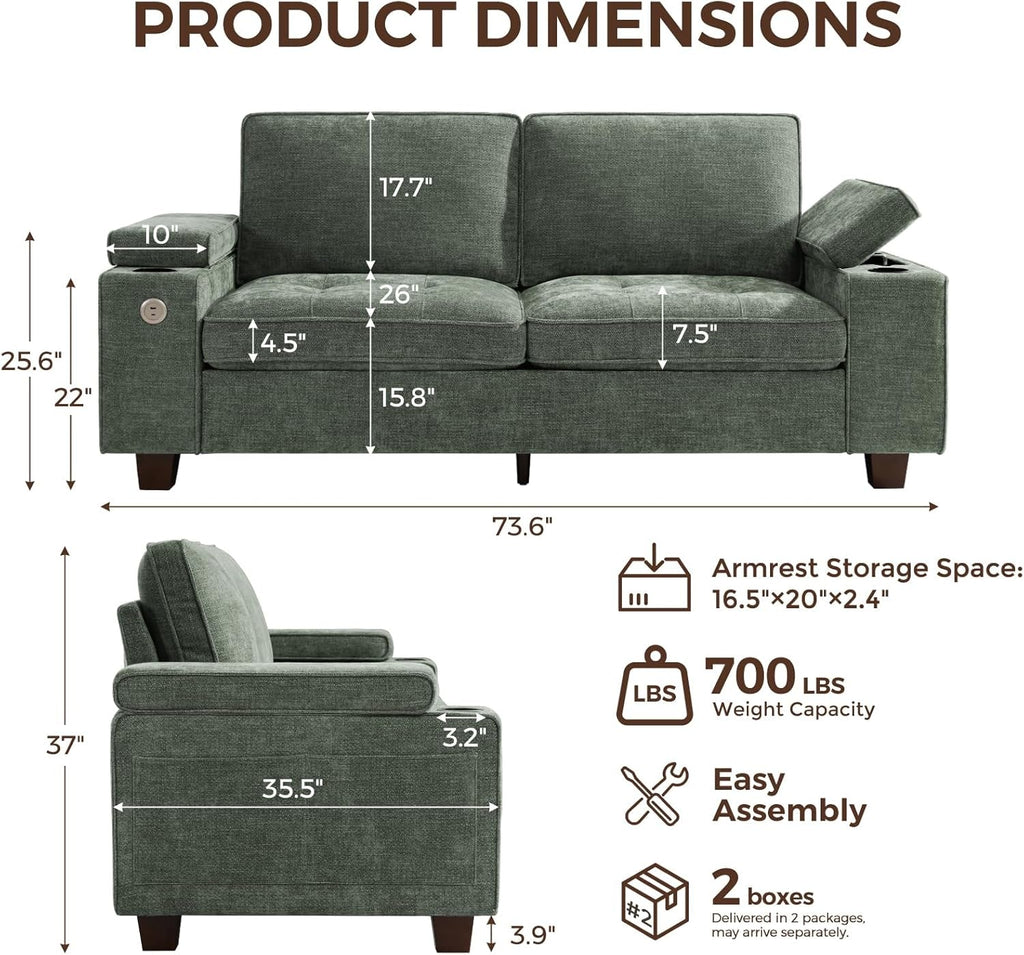 Green Chenille Loveseat With USB Ports Cupholder Storage