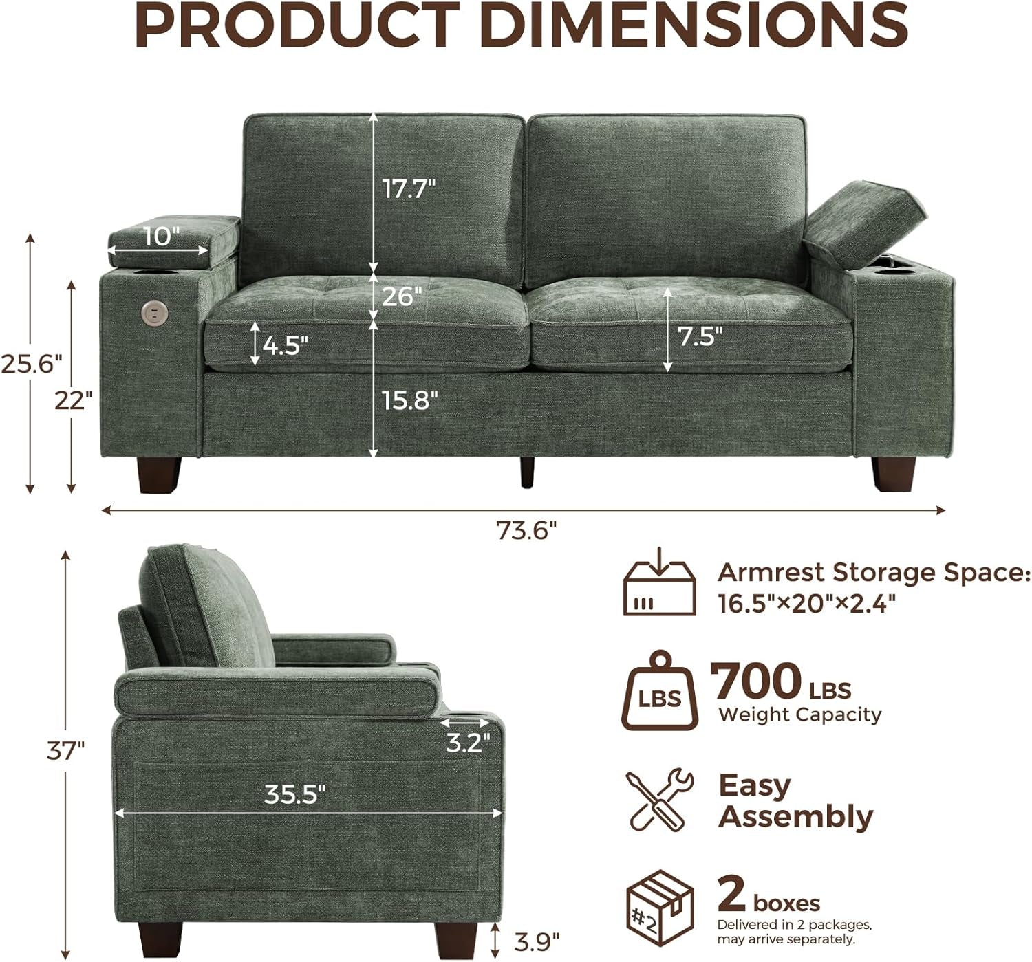 Green Chenille Loveseat With USB Ports Cupholder Storage