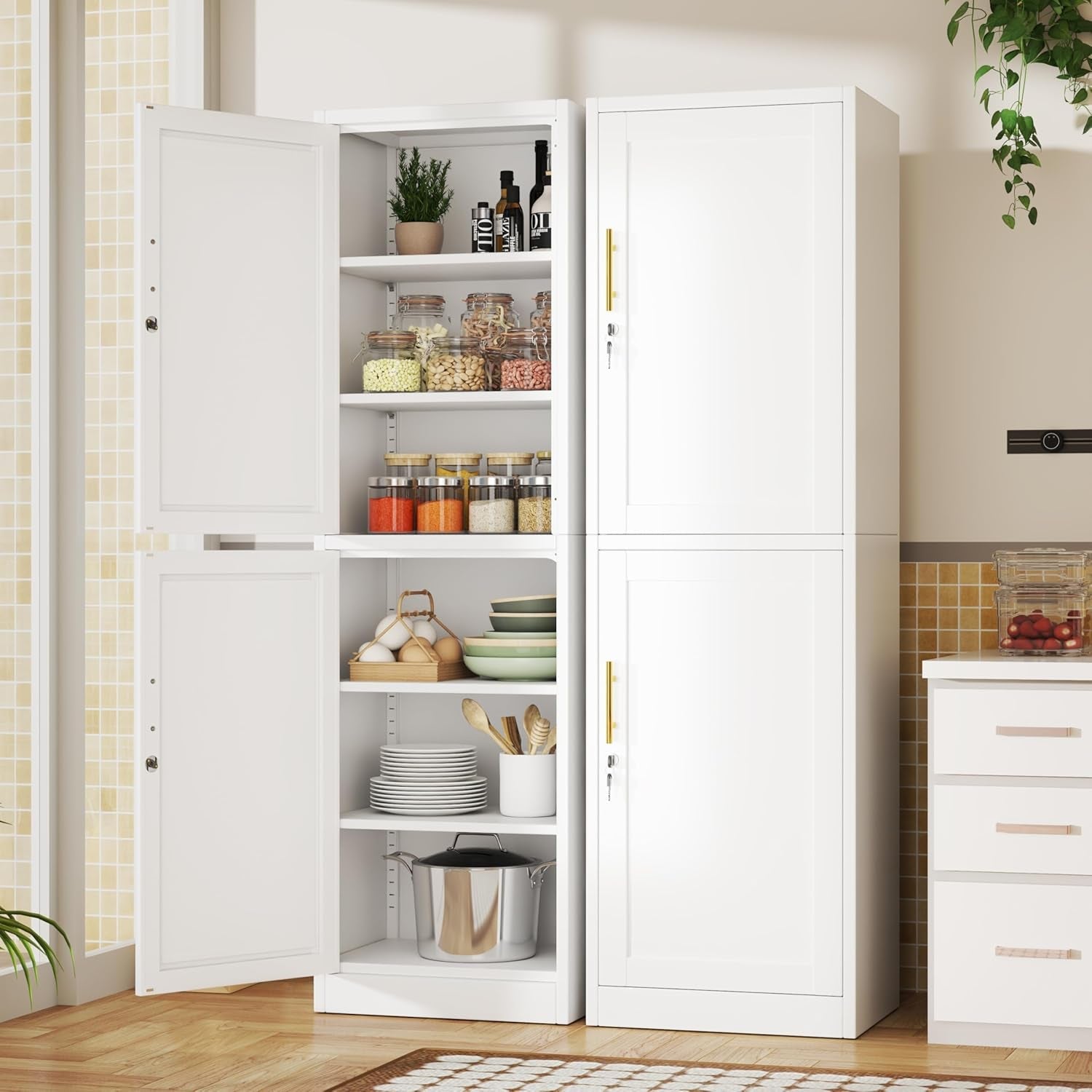 Tall White Metal Pantry Cabinet Sixty seven inch Locking