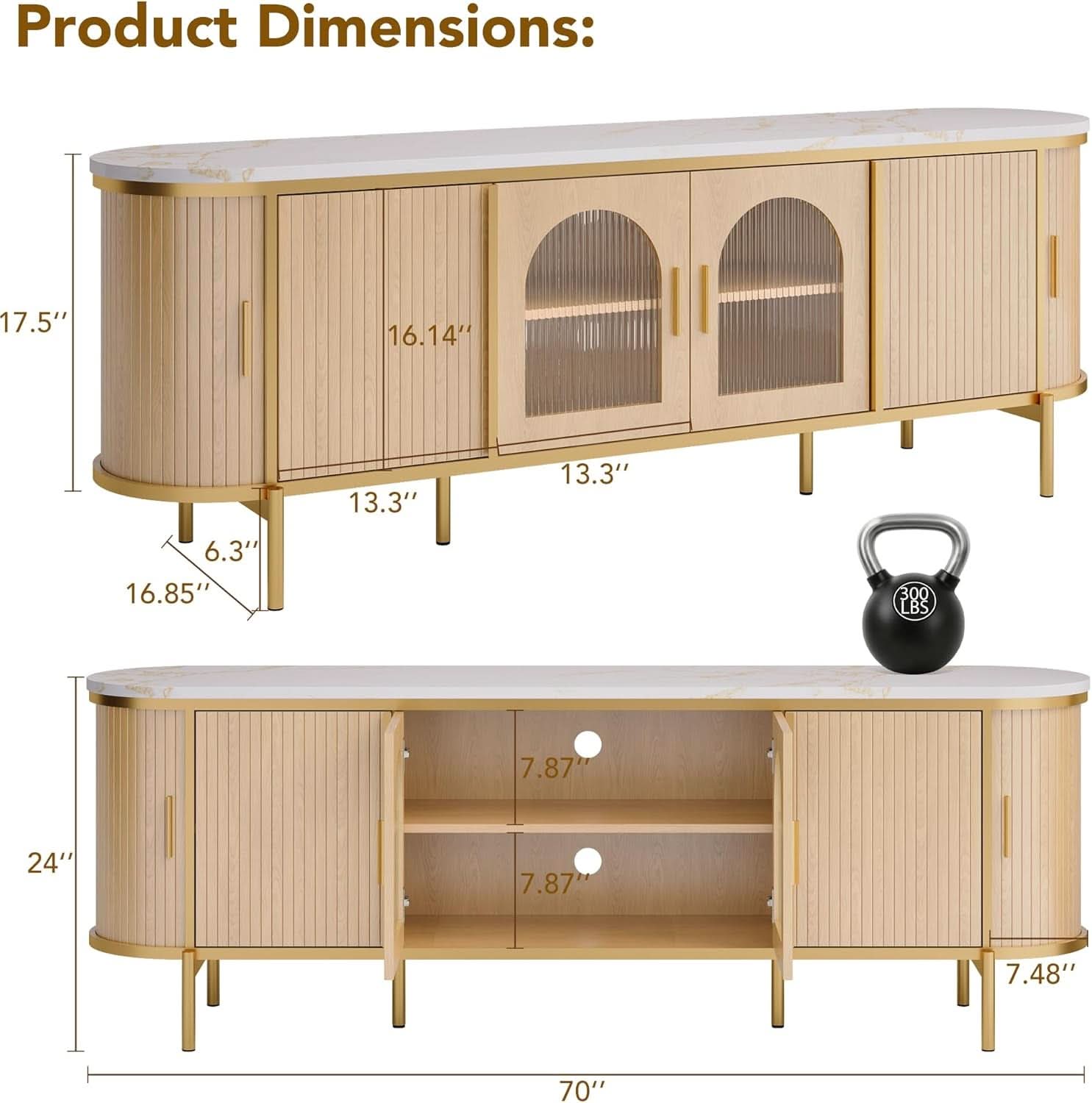 70 Inch Ultra Lux urious Fluted TV Stand Reeded Oak Finish