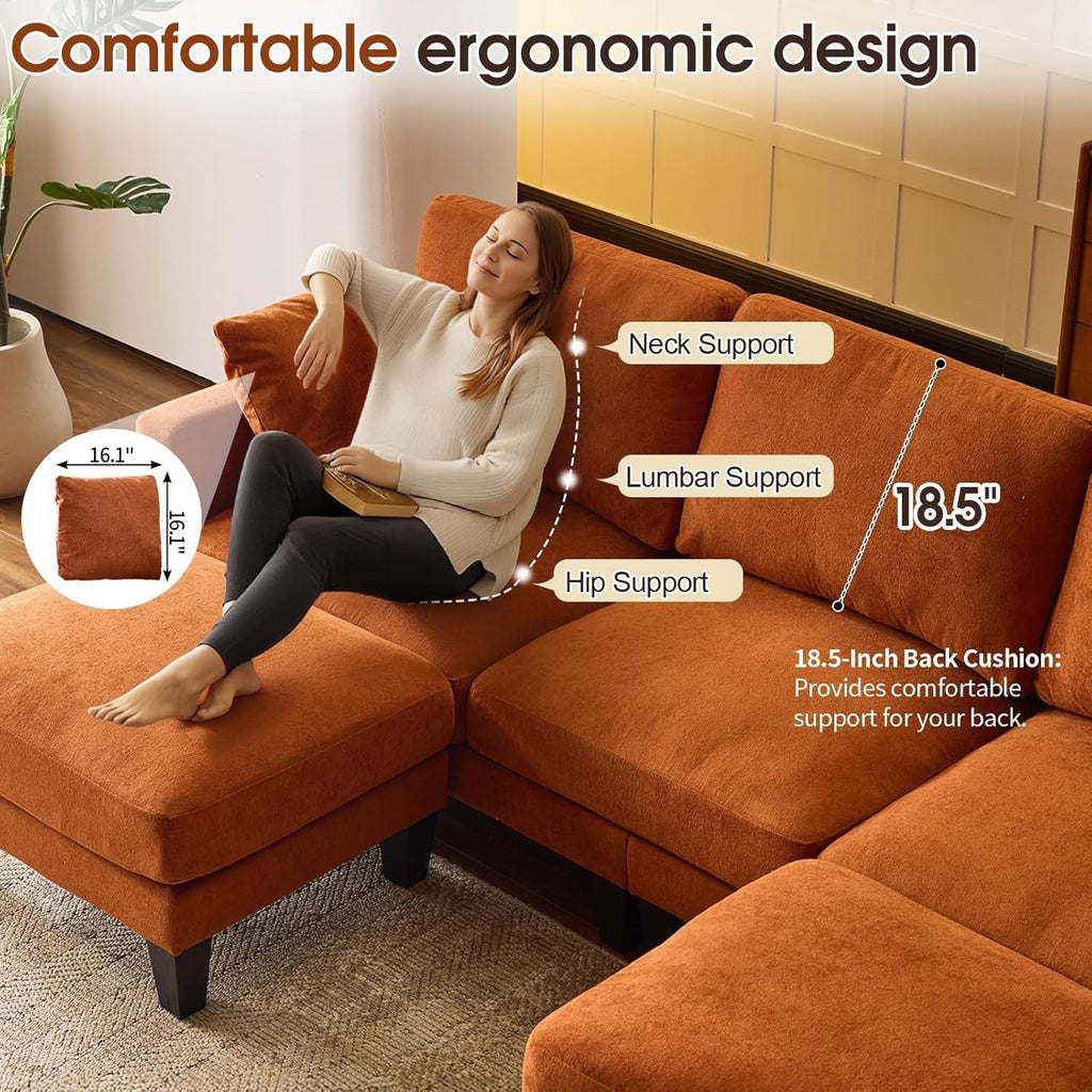 One HundredInch U Shaped Sofa Plush Chenille Ottoman Orange