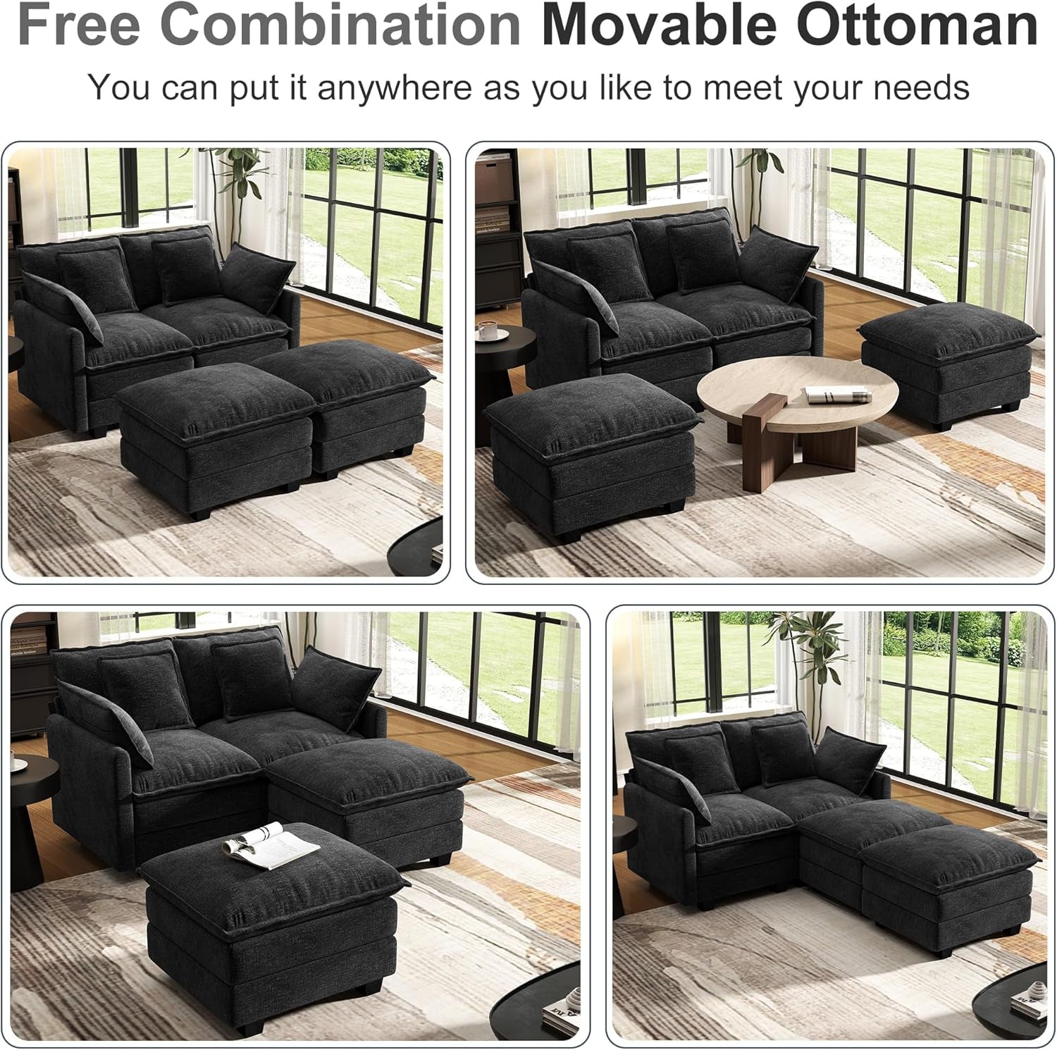 58 Inch Black Cloudlike Loveseat Removable Pillows
