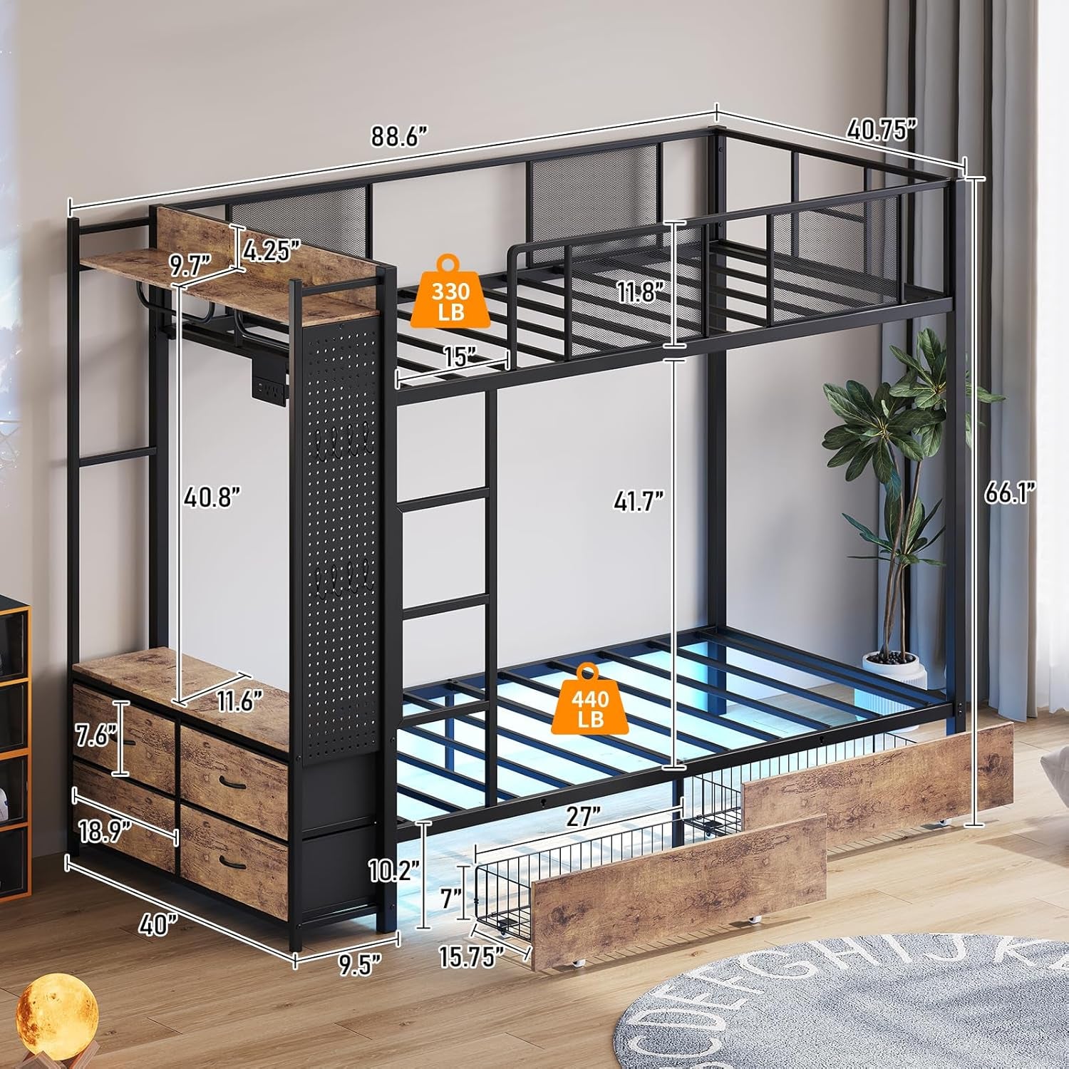Rustic Brown Twin Over Twin Storage Drawers Bunk Bed
