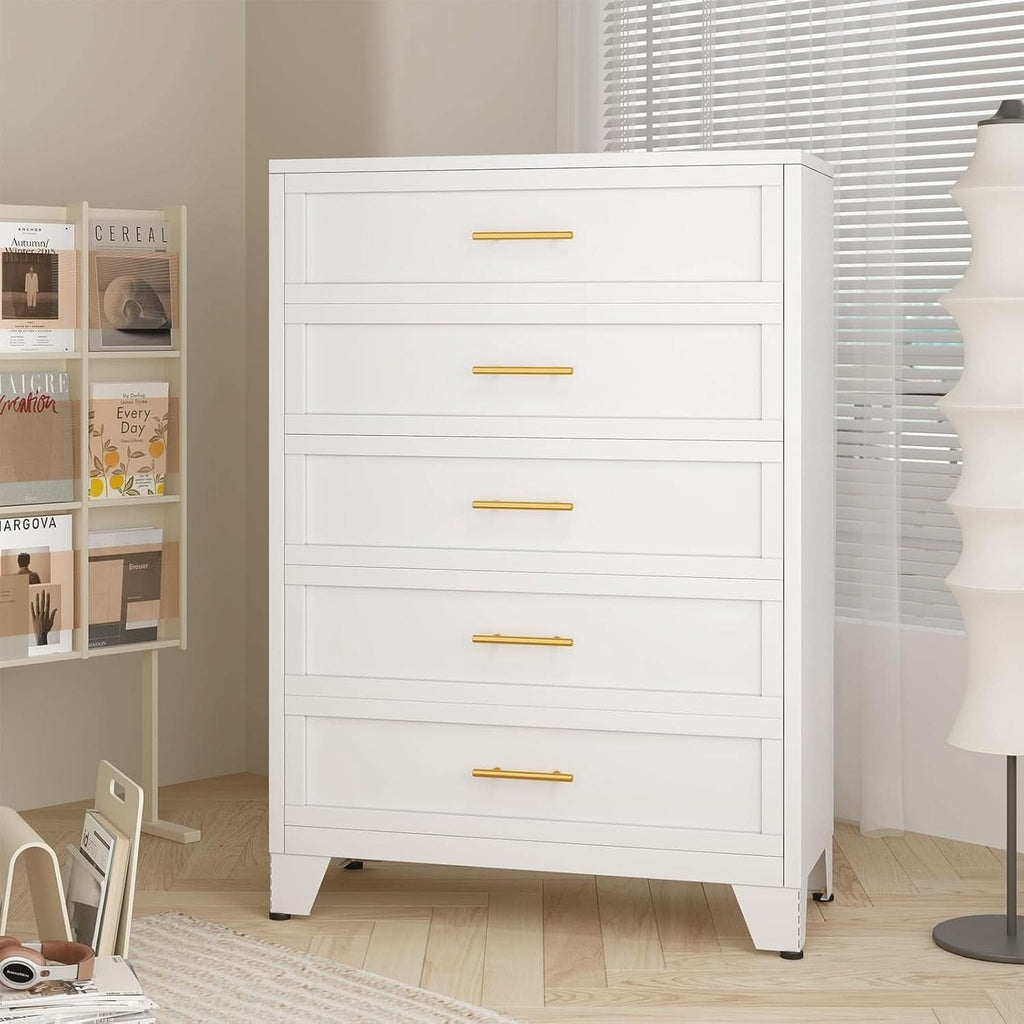 Bright White Tall Dresser 5 Drawer Chest 53.54 Inches