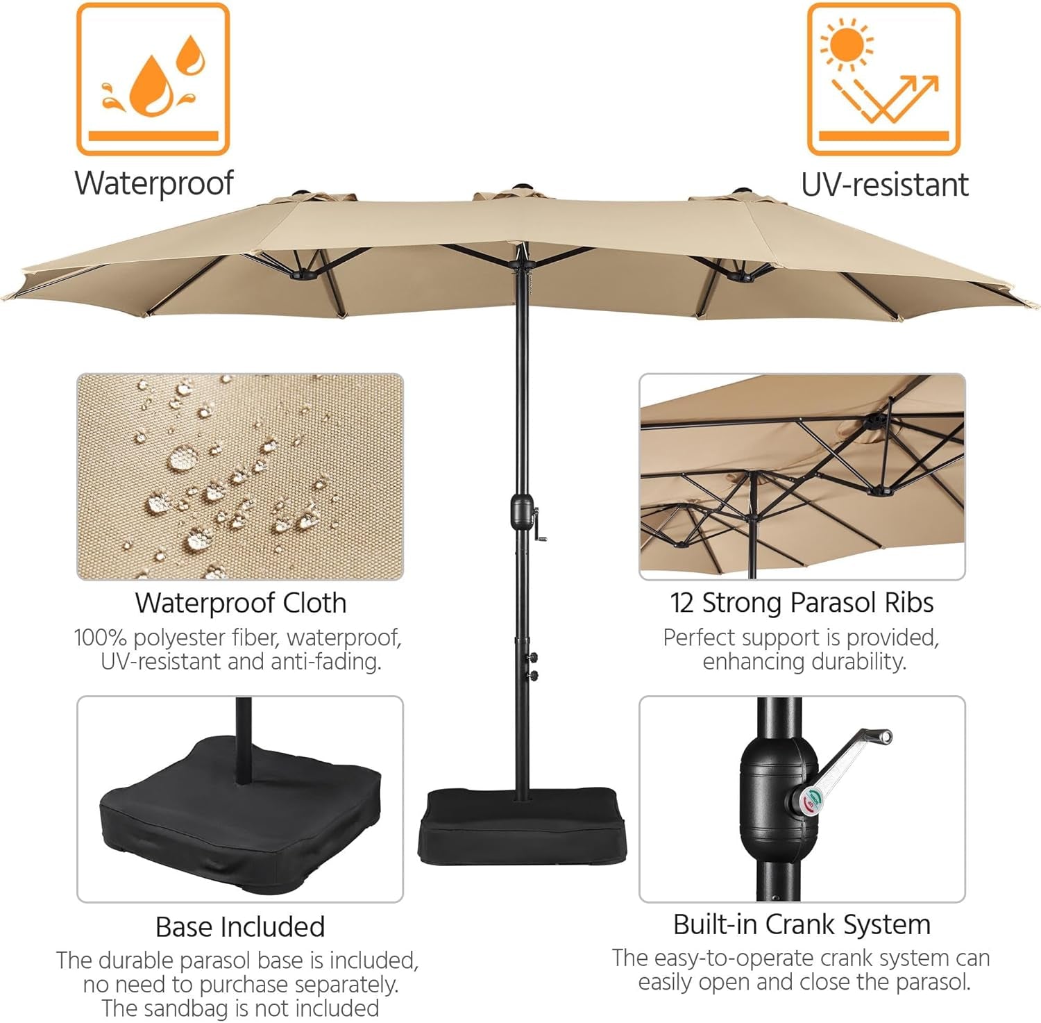 13 Ft Patio Umbrella Weather Resistant BaseIncluded Tan