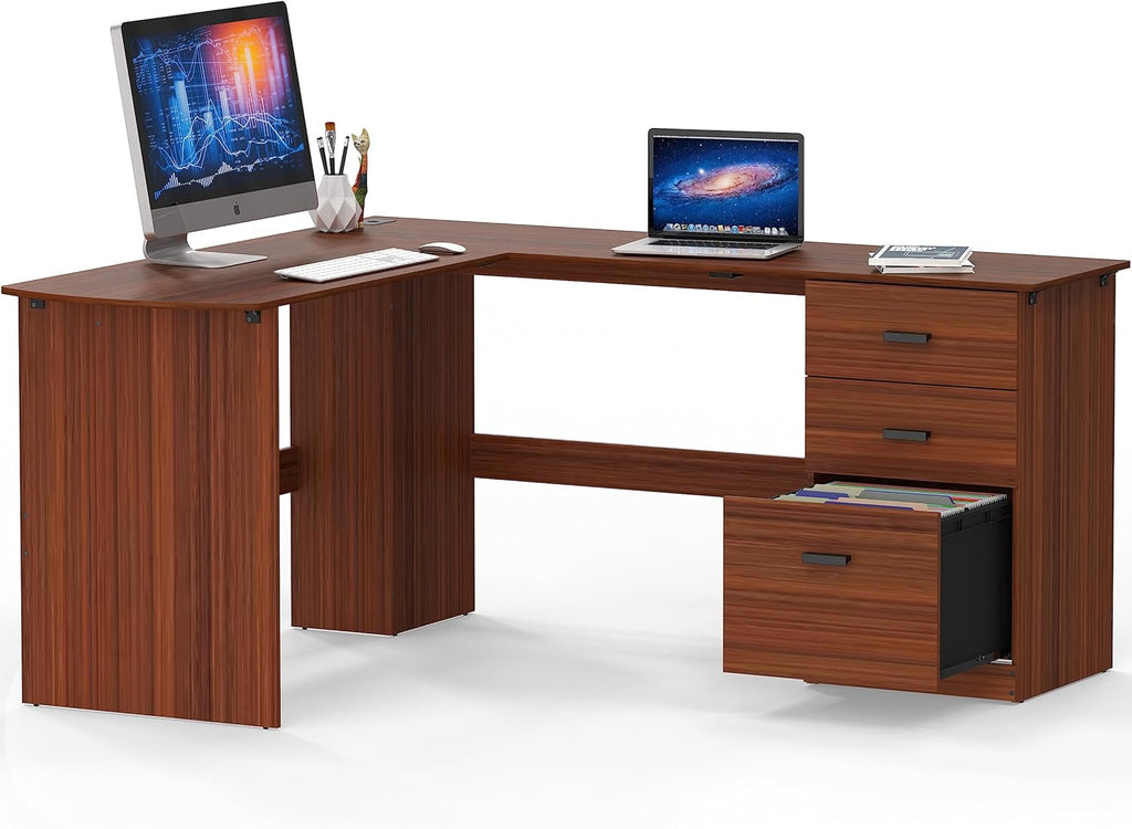 Walnut L Shaped Desk With Integrated Storage Drawers 51x59