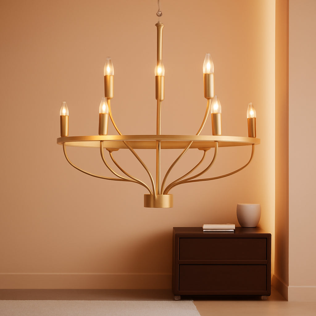 30Inch Crystal Gold Tone Chandelier Nine Light Fixture