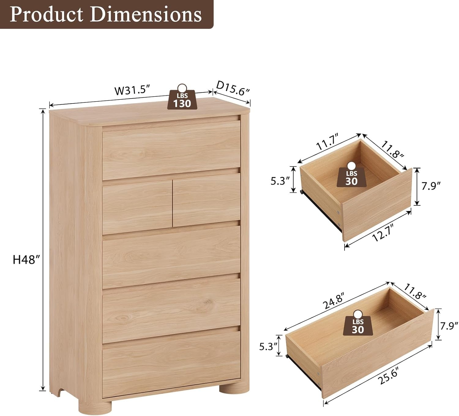 Natural Oakwood Six Drawer Dresser Rounded Corners