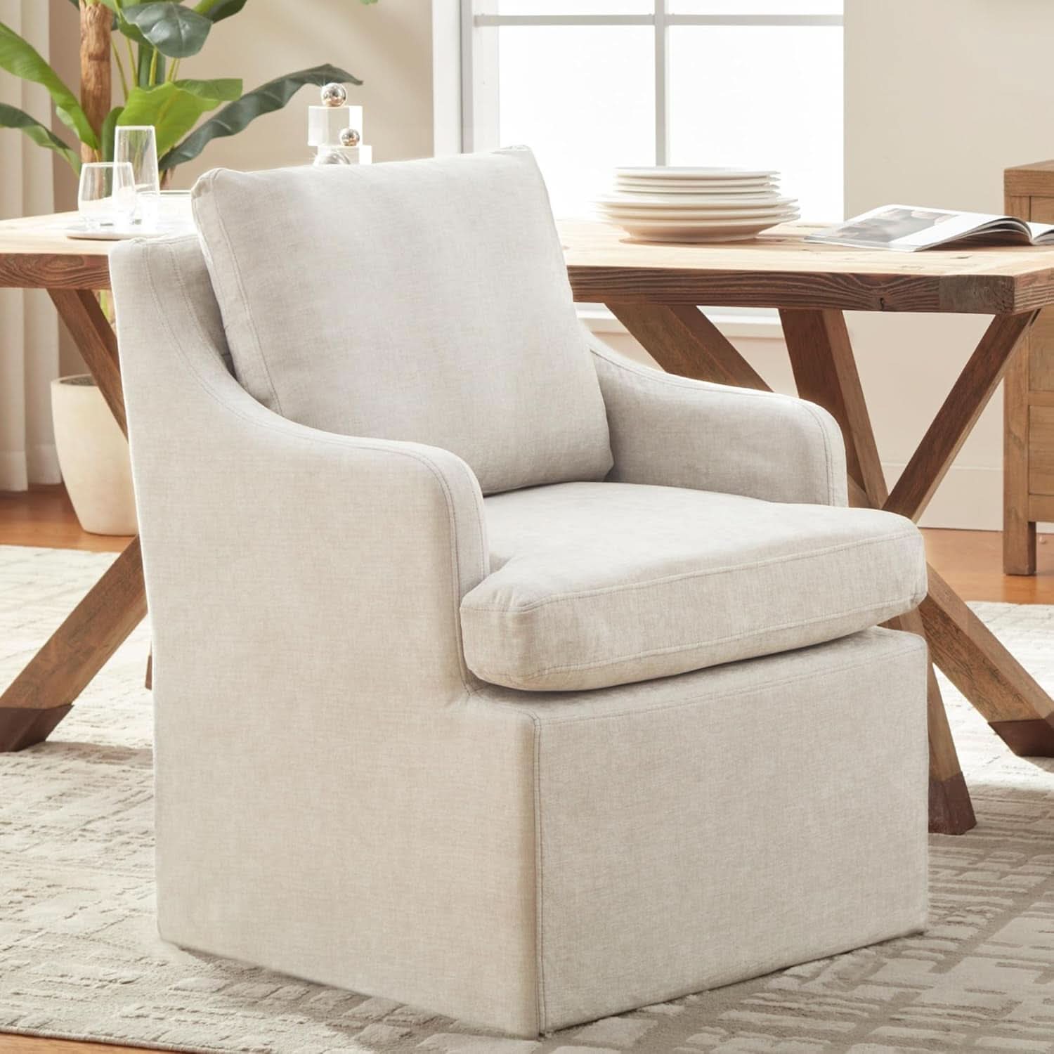 Beige Upholstered Dining Chairs With Silent Casters