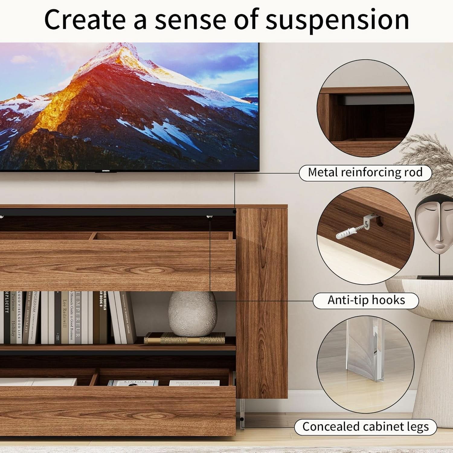 Walnut 55 Inch TV Entertainment Center Stand With Drawers
