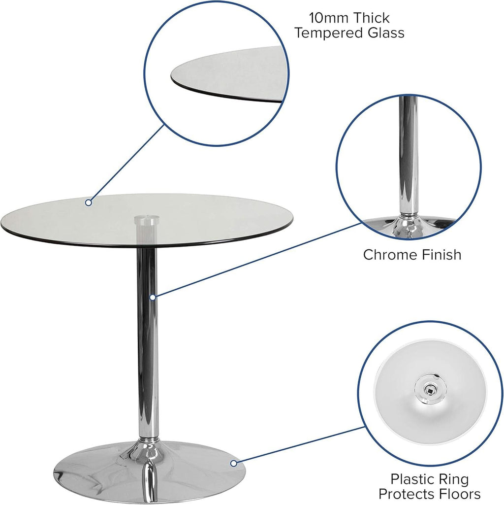 31.5 Inch Tempered Glass-Glass Dining Table Chromed Base