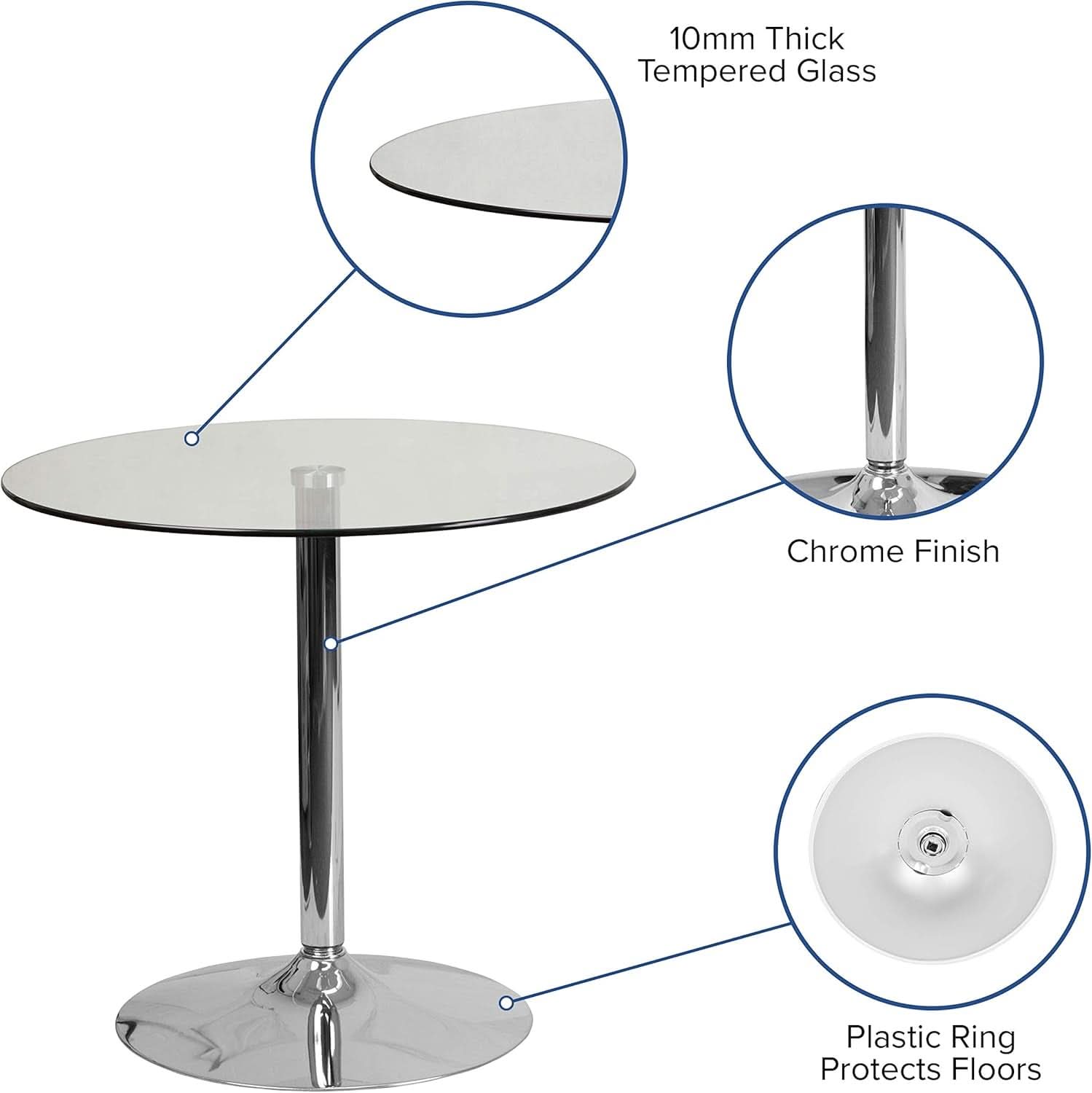 31.5 Inch Tempered Glass-Glass Dining Table Chromed Base