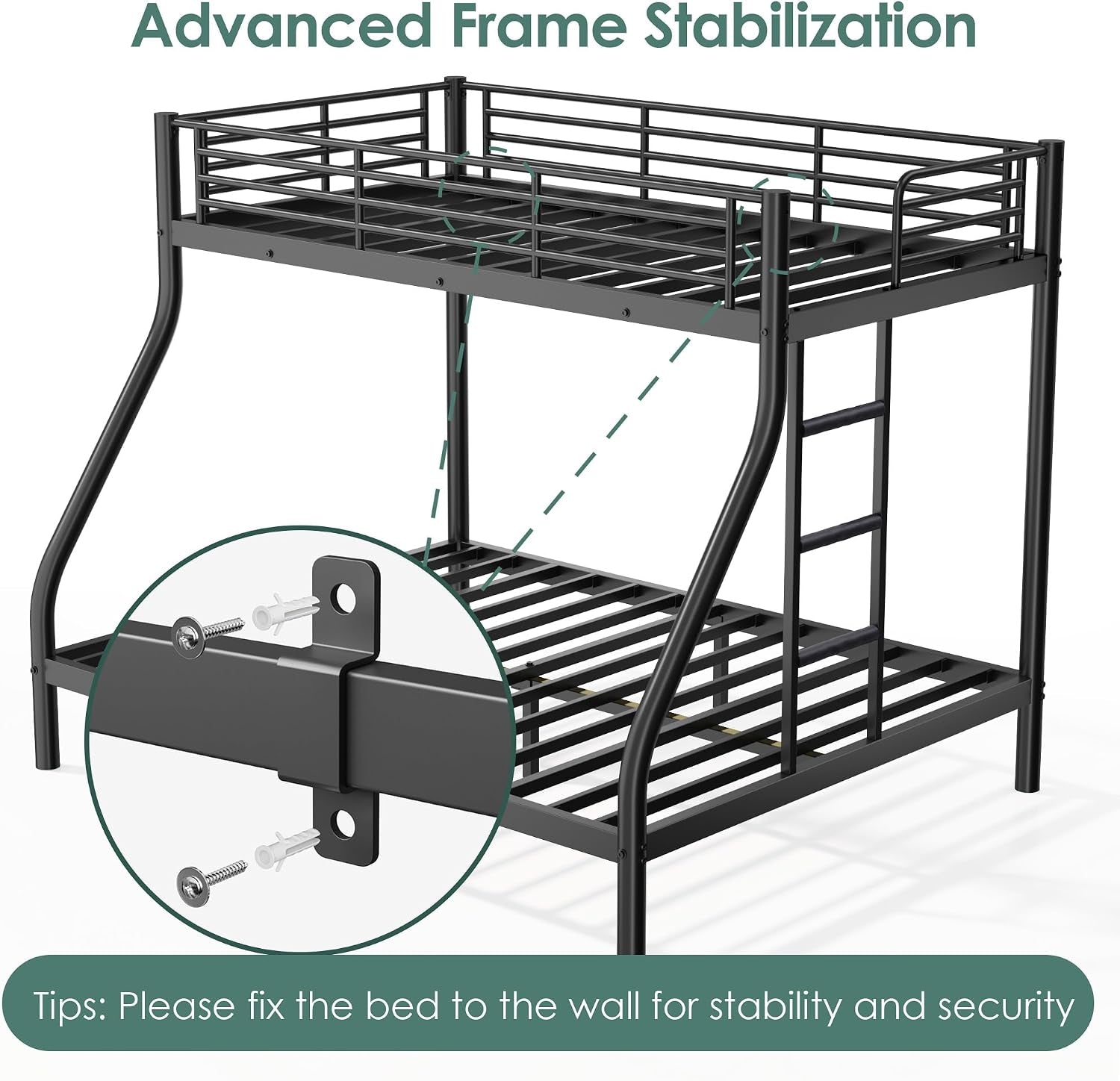 Twin XL Over Queen Bunk Bed Heavy Duty Metal Black Finish