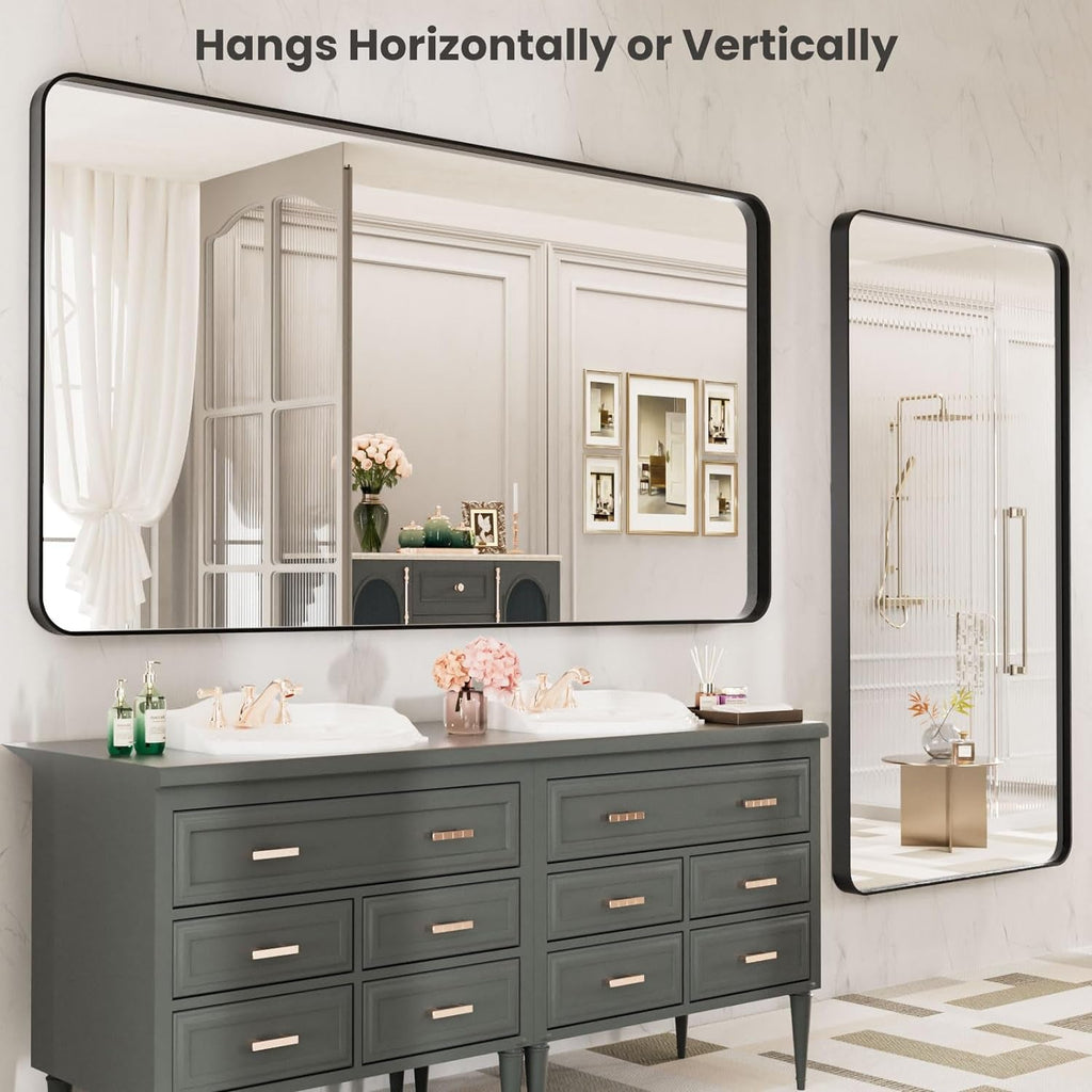 55x30 Inch Matte Black Tempered Glass Bathroom Mirror