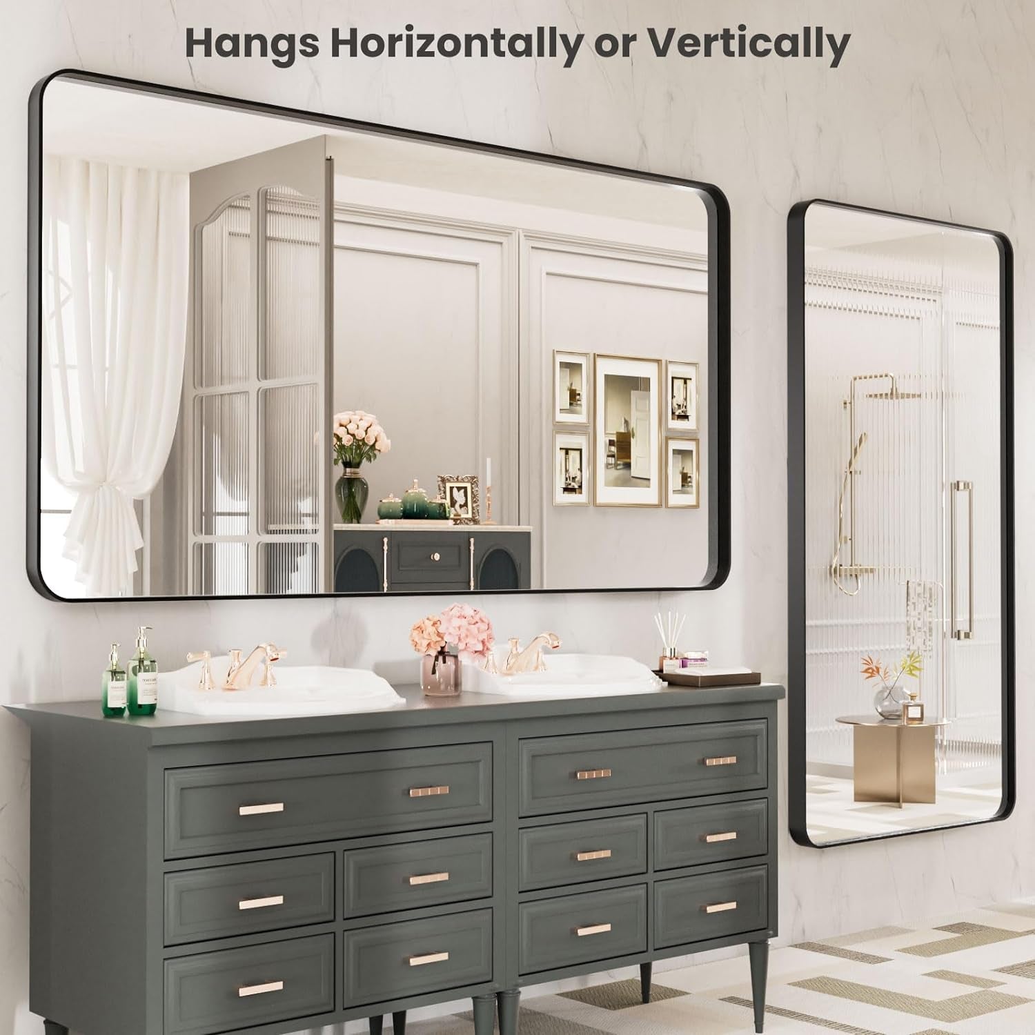 55x30 Inch Matte Black Tempered Glass Bathroom Mirror