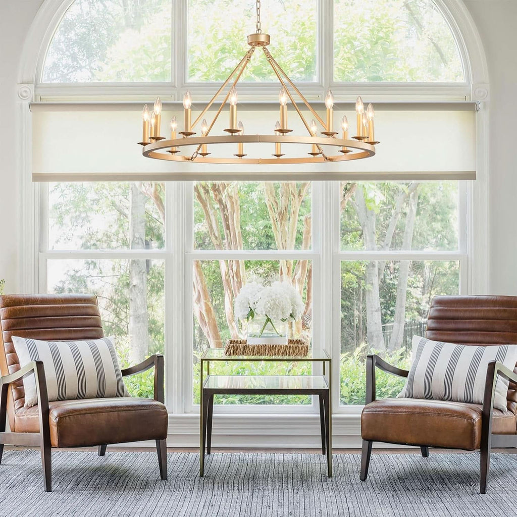 Gilded Wagon Wheel Chandelier Forty Inches Farmhouse