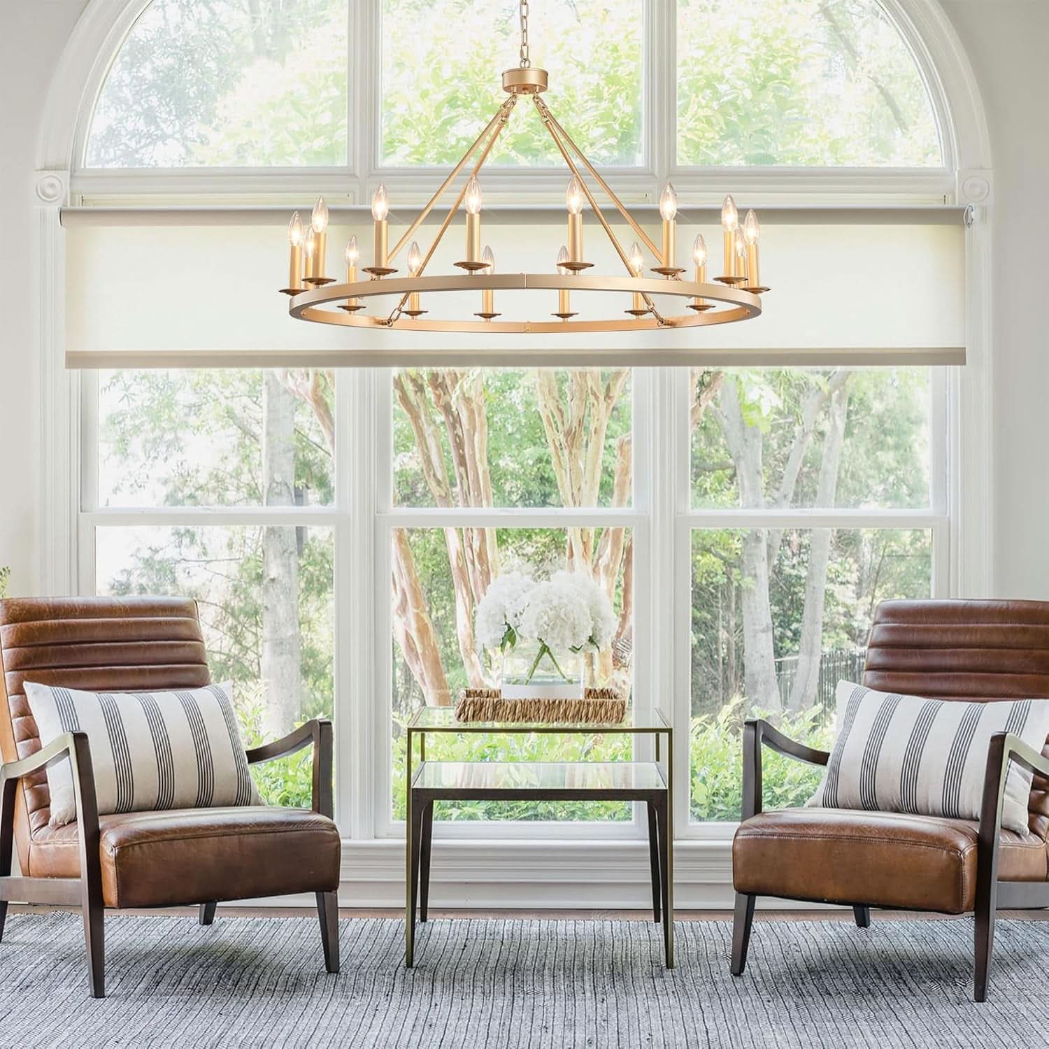Gilded Wagon Wheel Chandelier Forty Inches Farmhouse