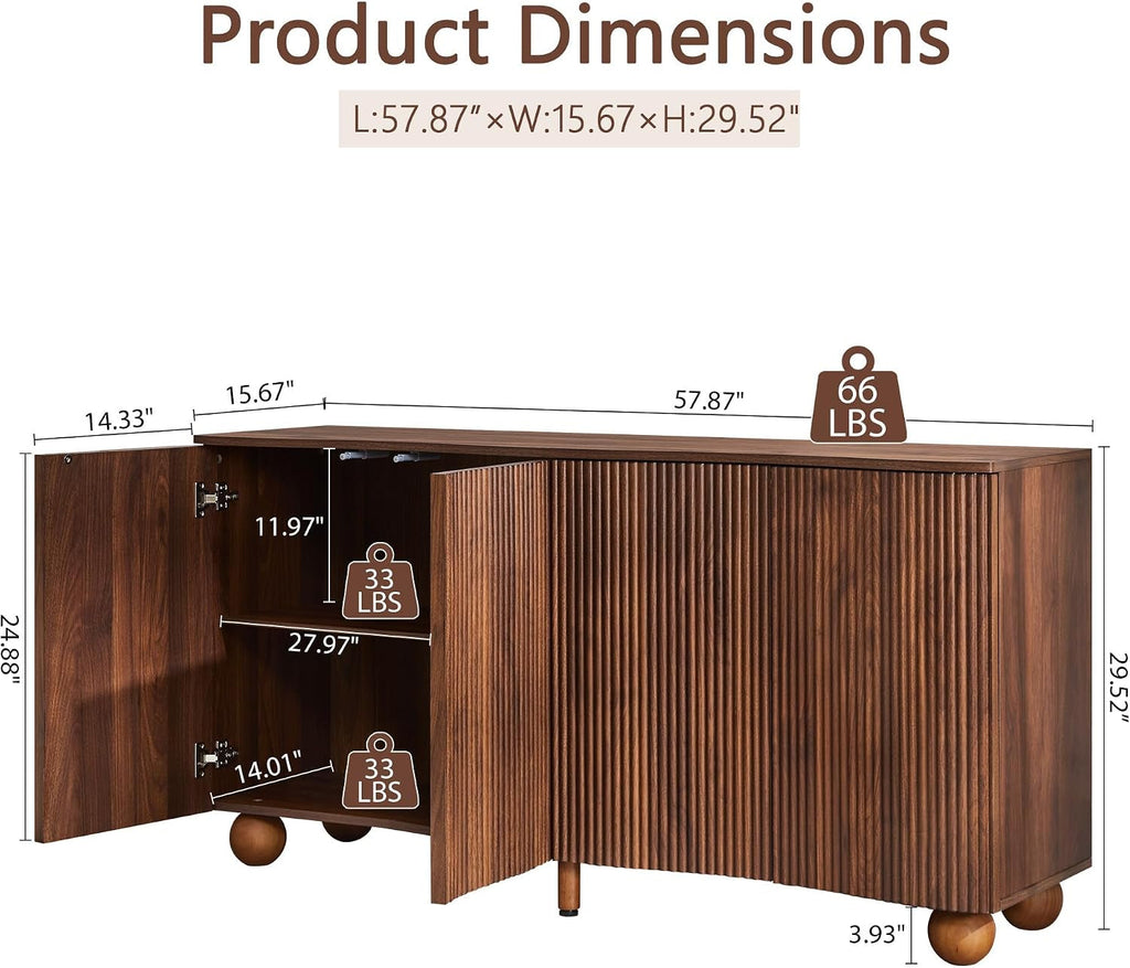 58 Inches Walnut Fluted Sideboard Buffet Cabinetry