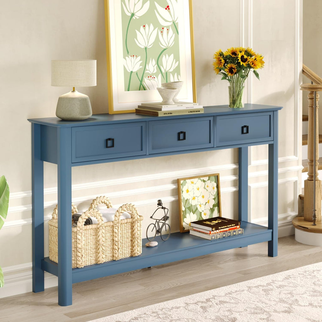 Blue Contemporary Console Table 53 Inch With Drawers