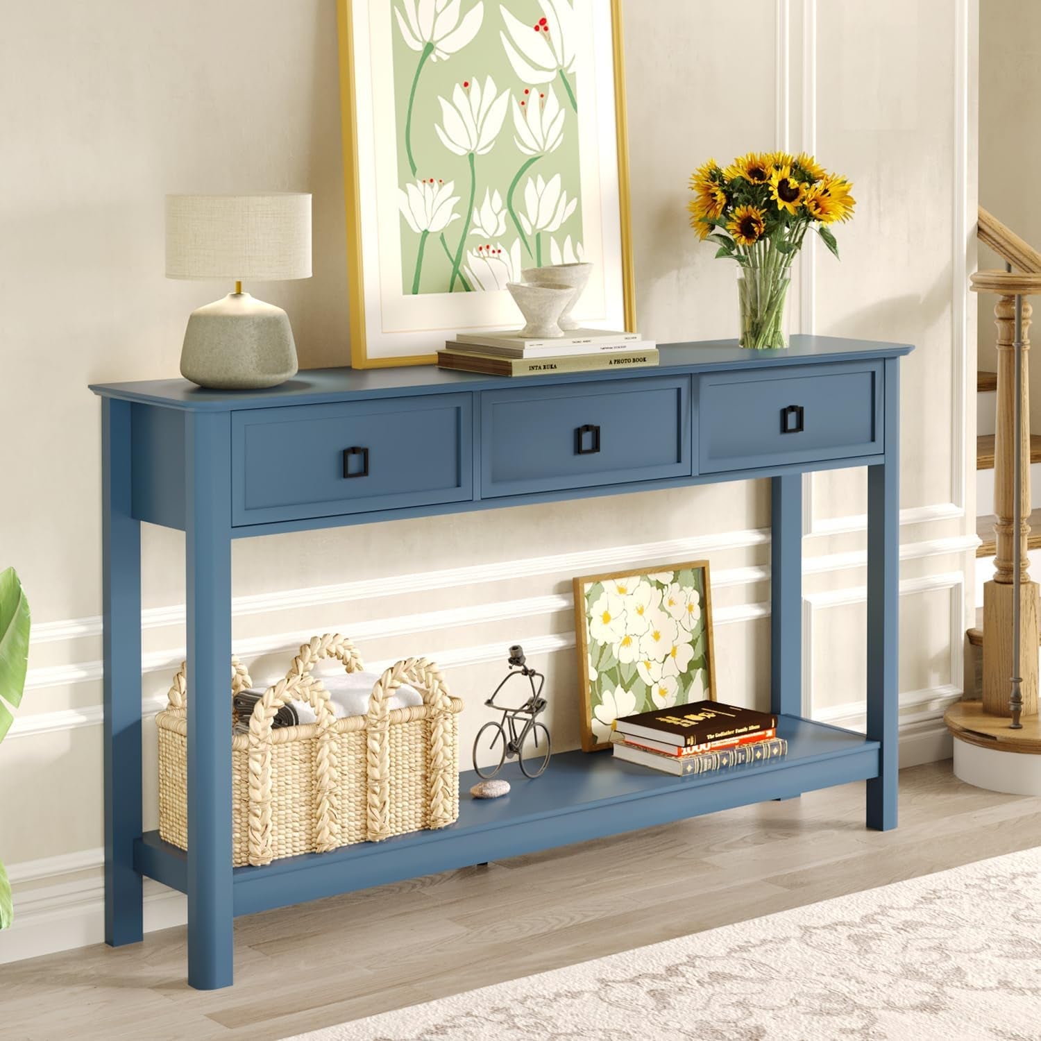 Blue Contemporary Console Table 53 Inch With Drawers
