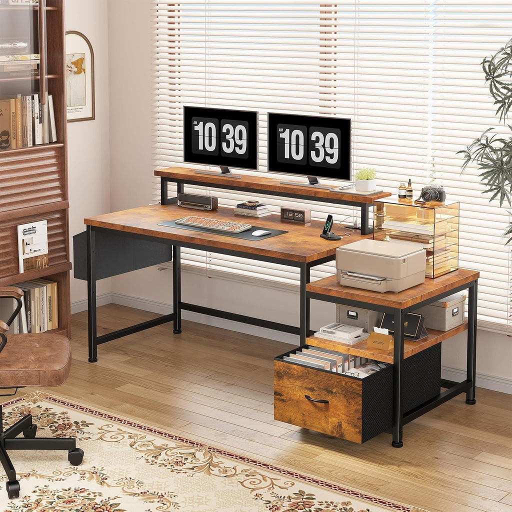56Inch Rustic Brown Executive Office Workstation Drawers