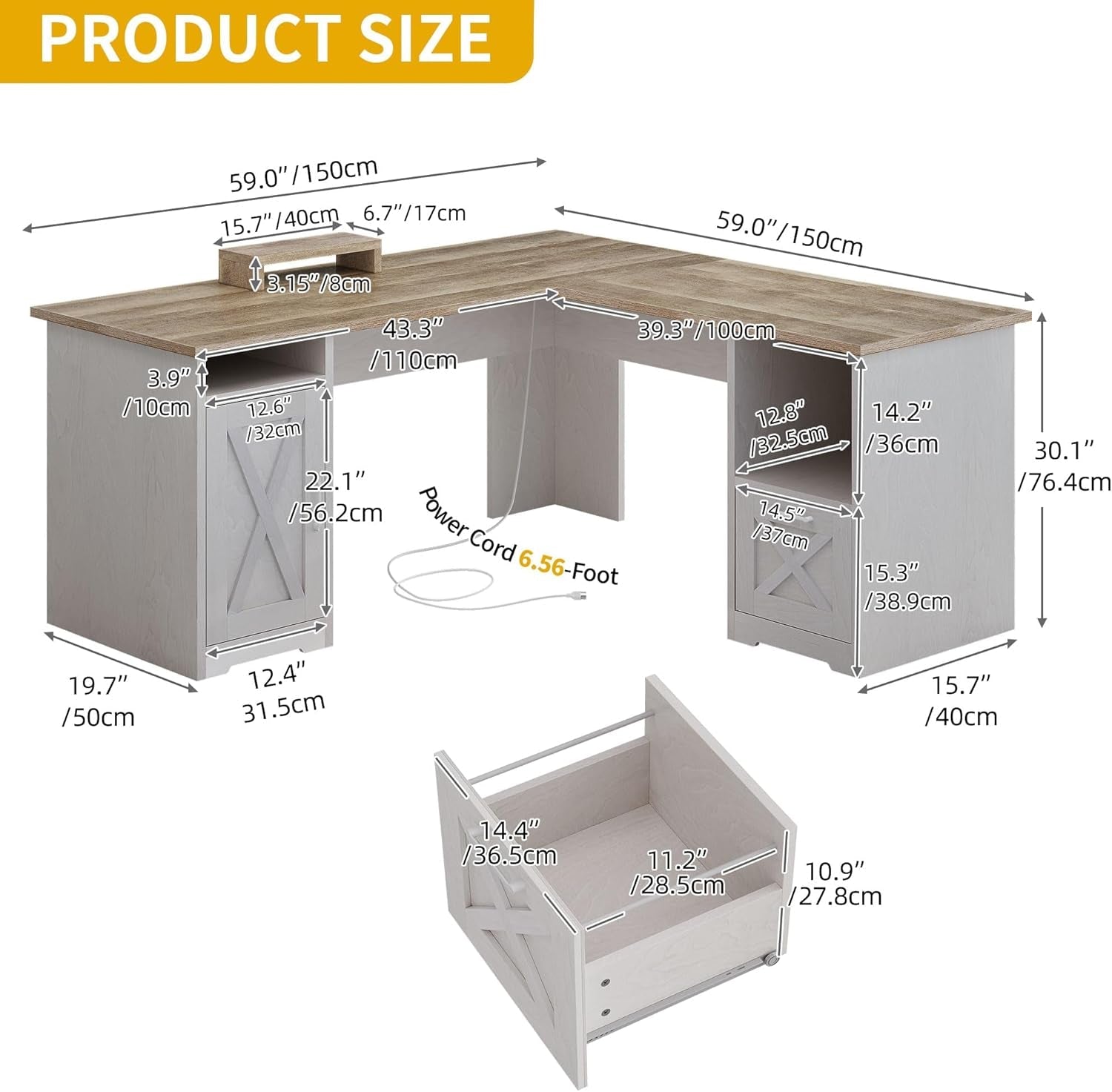 L Shaped Desk 60Inch Integrated Power Delivery Outlets
