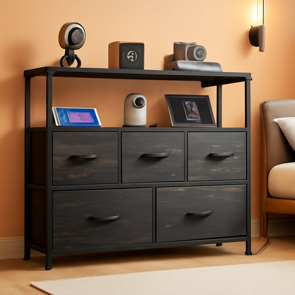 Black Five Drawers Dresser With Integrated Charging