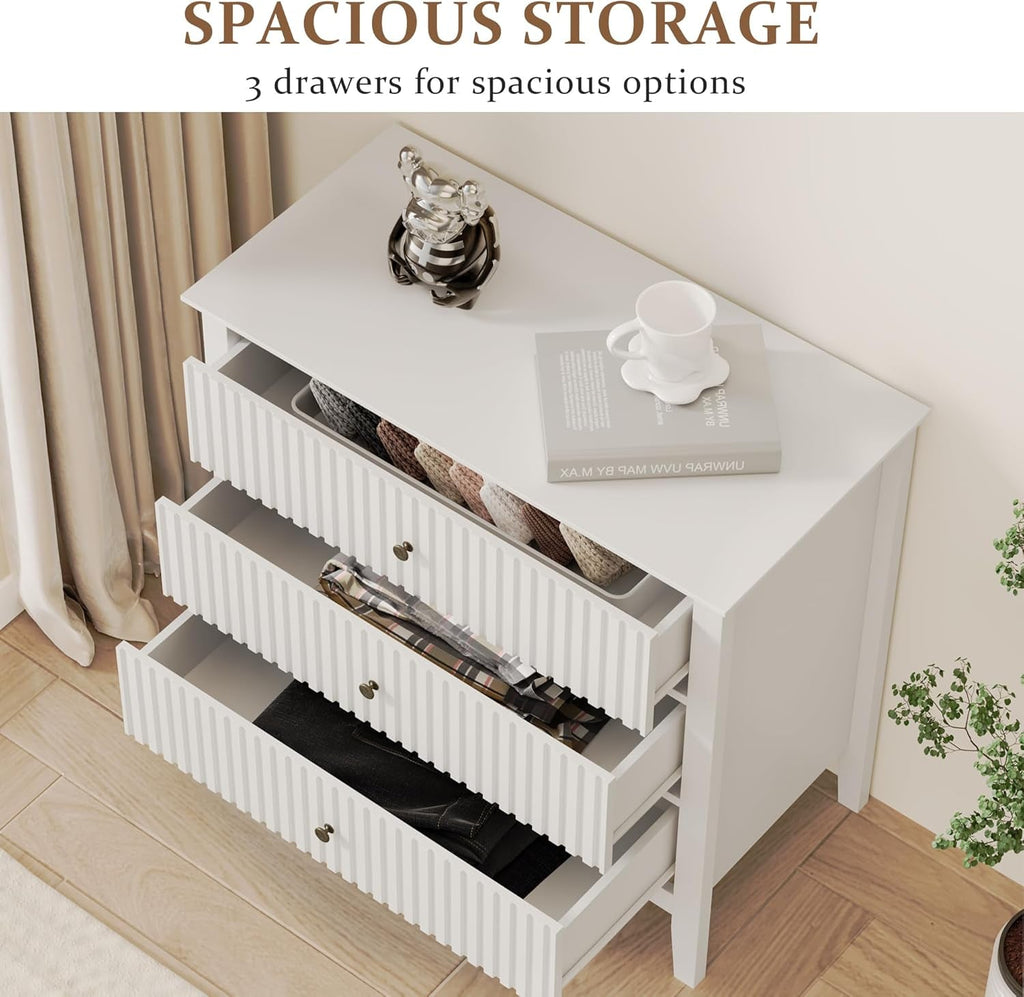 White Fluted 32 Inch Wide Three Drawer Dresser Cabinet