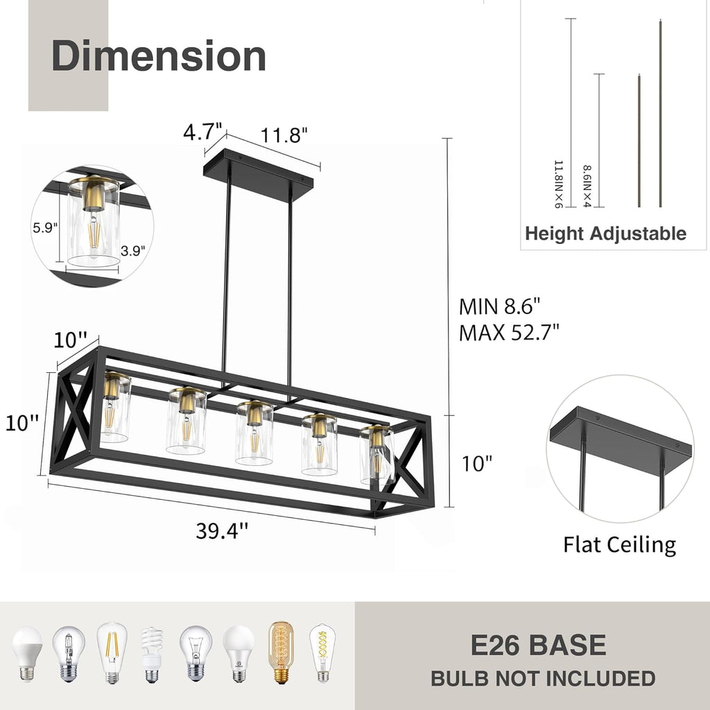Black Gold Five Light Rectangular Dining Chandelier