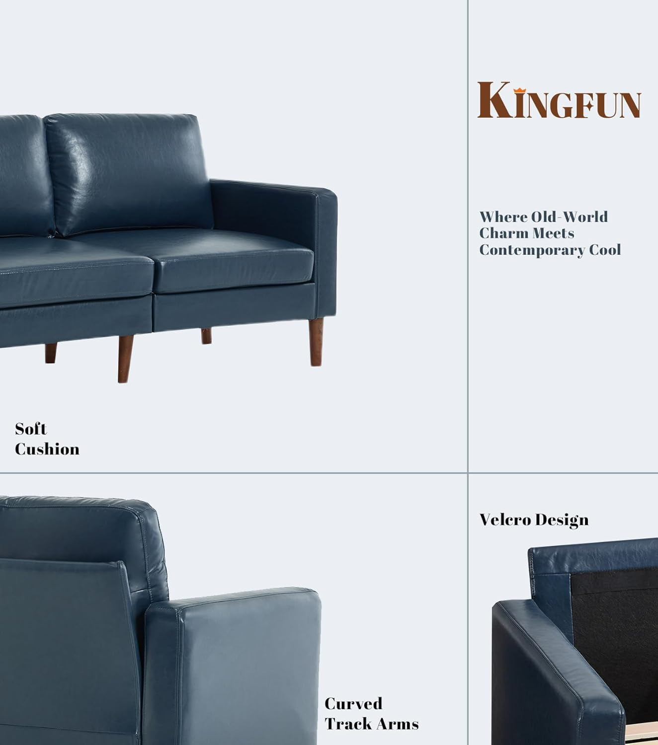 Mid Century Modern Faux Leather Sofa 91Inch Navy Blue