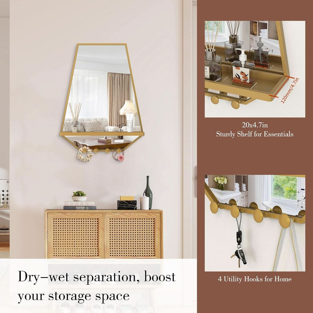 Goldtone Hexagonal Wall Mirror 26x20Inches With Shelf