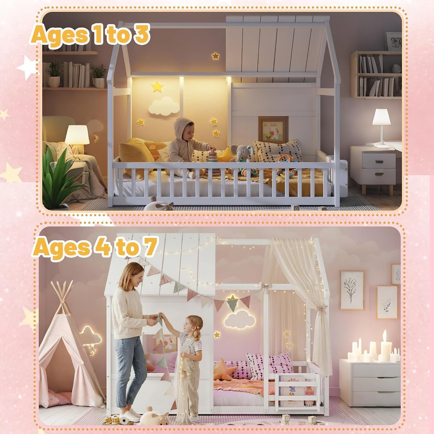 White Twin House Bed With LED Book shelf Illumination