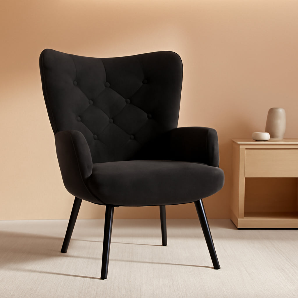 Black Mid Century Velvet Upholstered Wingback Armchair