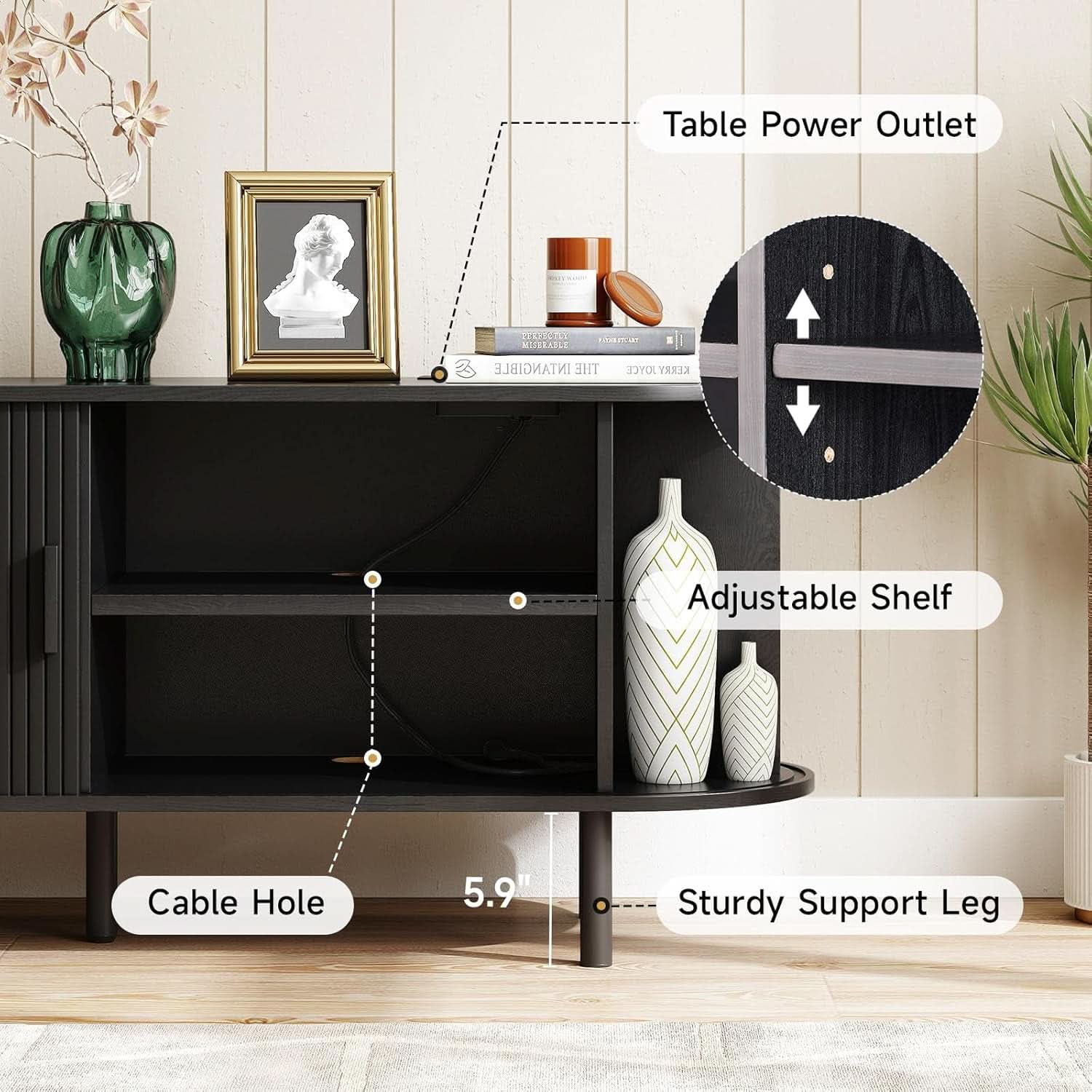 63 Inch TV Stand WithInte grated Electrical Power Outlet Black