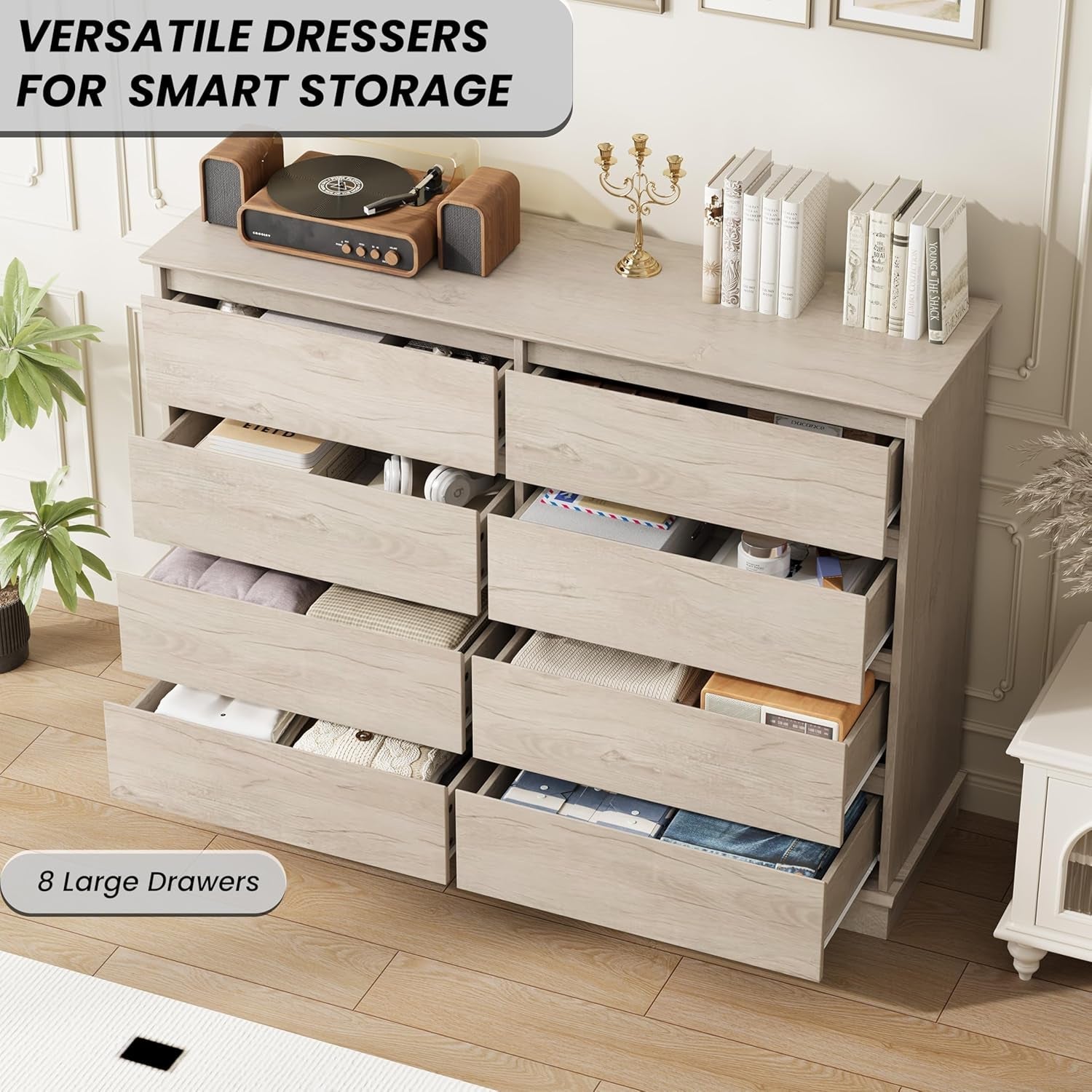 8-Drawer Dresser 51-Inch Wide Vintage Oak Organizer